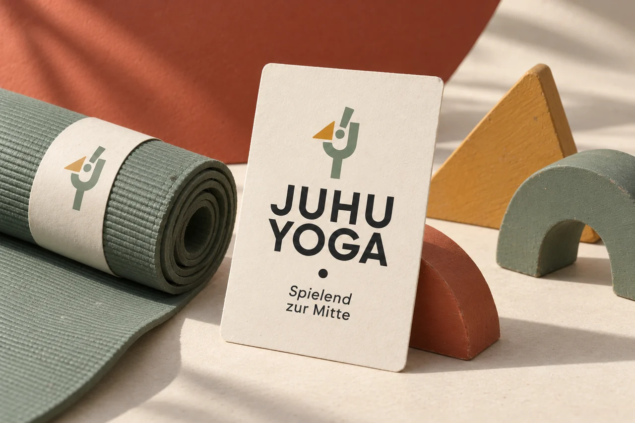 KI-Mockup der von Johannes Nagl gestalteten Markenidentität für Juhu Yoga: Logo auf cremefarbener Karte und salbeifarbener Yogamatte, daneben geometrische Holzformen.