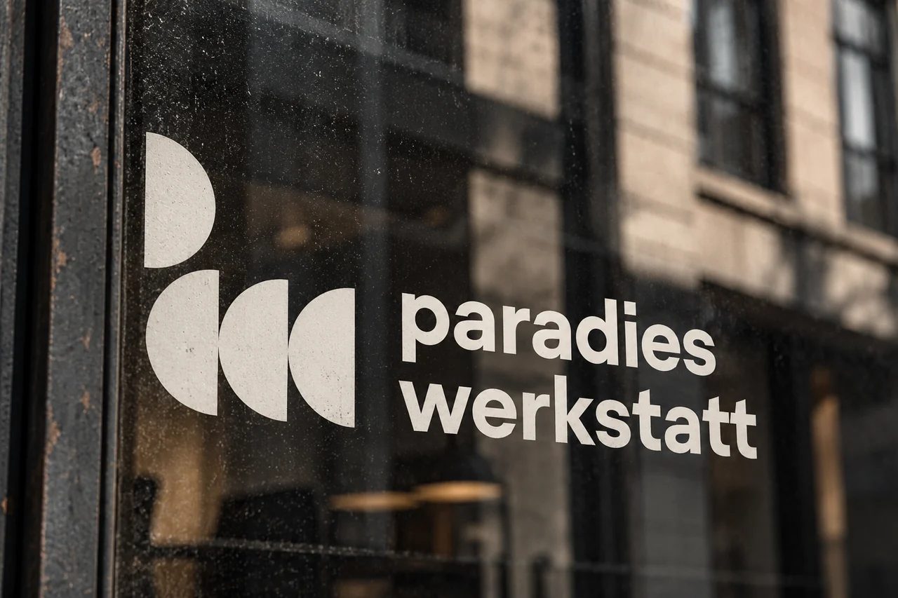 KI-Mockup des von Johannes Nagl entwickelten Logos der Paradieswerkstatt als helle Beschriftung auf Glas.