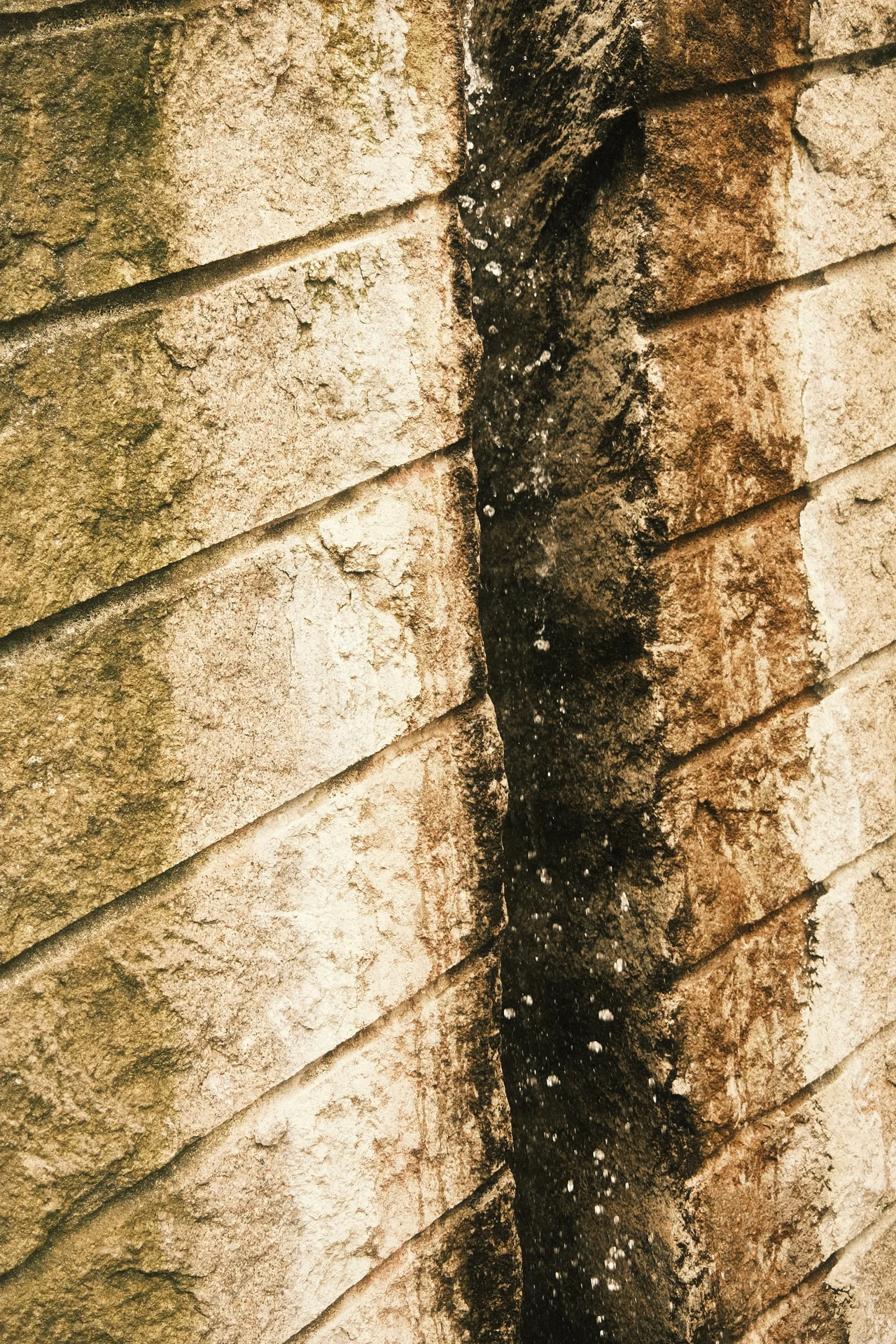 Ein schmaler Wasserlauf an einer verwitterten Steinwand im warmen Licht.